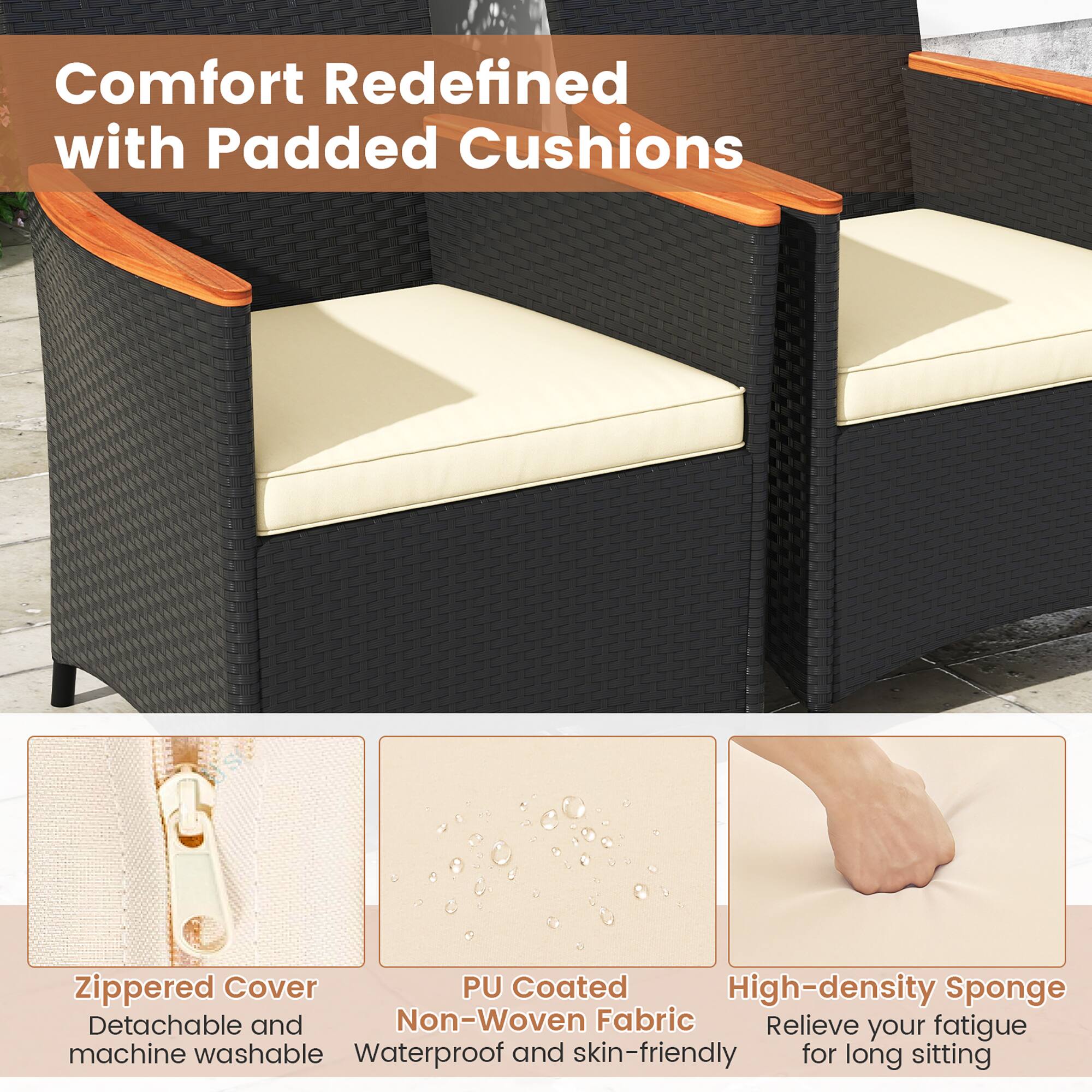 Comfort Redefined with Padded Cushions

- Zippered Cover
  - Detachable and machine washable

- PU Coated Non-Woven Fabric
  - Waterproof and skin-friendly

- High-density Sponge
  - Relieve your fatigue for long sitting