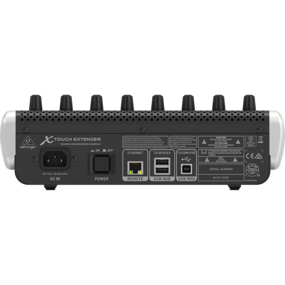 X TOUCH EXTENDER  
DESIGNED AND ENGINEERED IN GERMANY  
behriinger  

AC IN  
POWER (ON/OFF)  
REMOTE  
ETHERNET  
TO DEVICES  
TO COMPUTER  
USB HUB  
USB MIDI  
SERIAL NUMBER  
DATE CODE