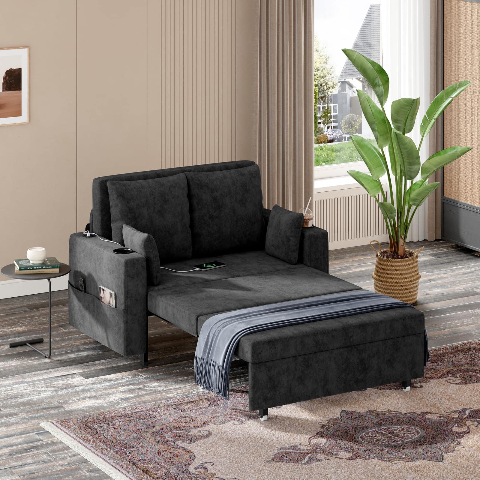 Jojoka - 3 in 1 Convertible Sleeper Sofa Bed Loveseat Couch, Full Size Sofa, Love Seat Pull Out Bed - Black
