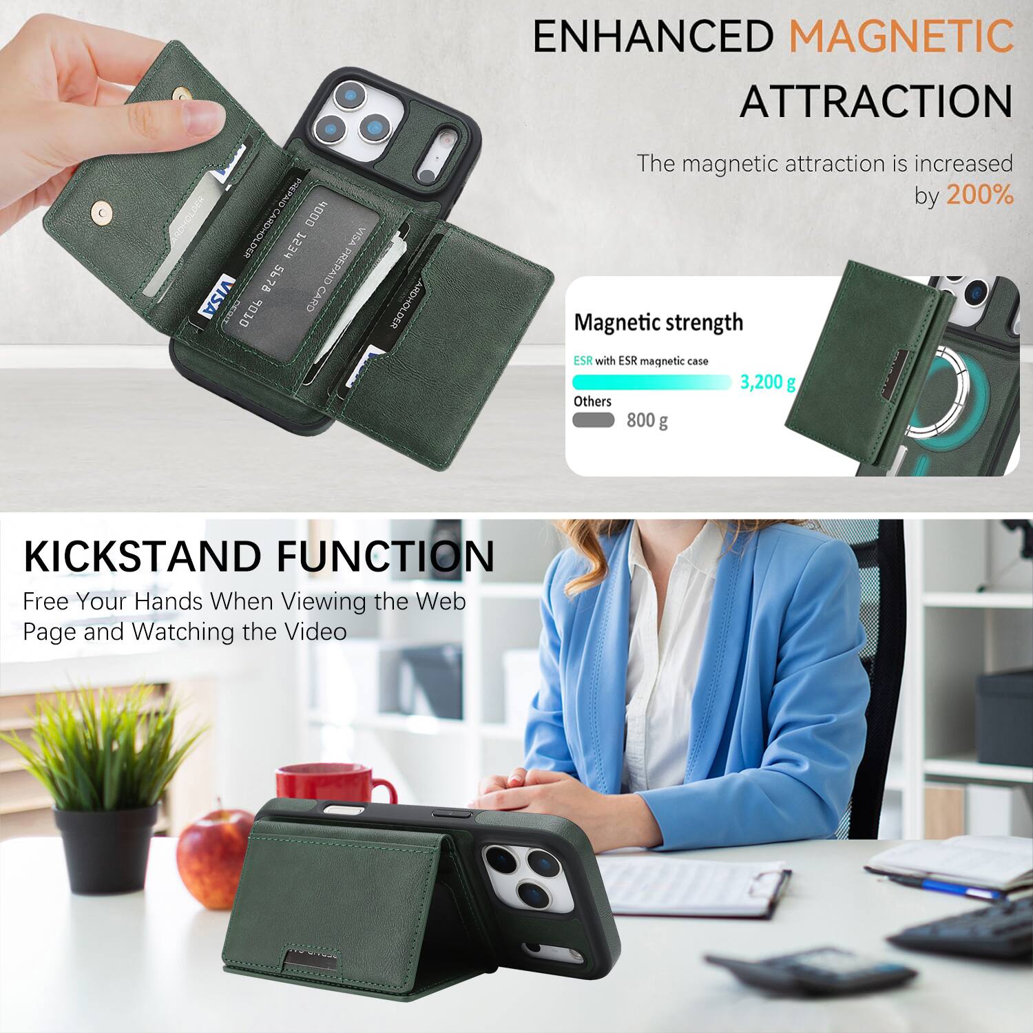 ENHANCED MAGNETIC ATTRACTION

The magnetic attraction is increased by 200%

Magnetic strength
- ESR with ESR magnetic case: 3,200 g
- Others: 800 g

KICKSTAND FUNCTION

Free Your Hands When Viewing the Web Page and Watching the Video