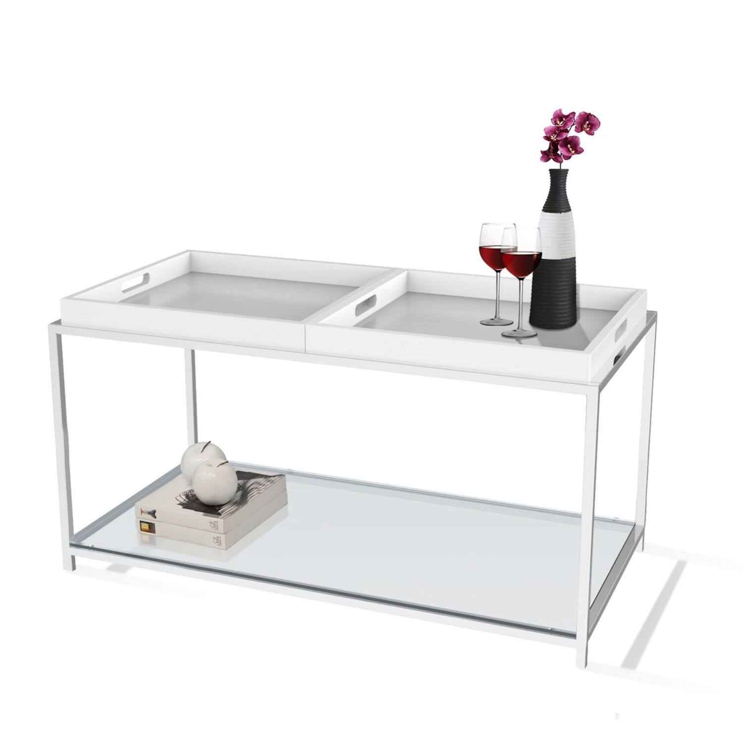 Front. SlickBlue - Coffee Table with Chrome Metal Frame and 2 Removable Trays - Chrome.