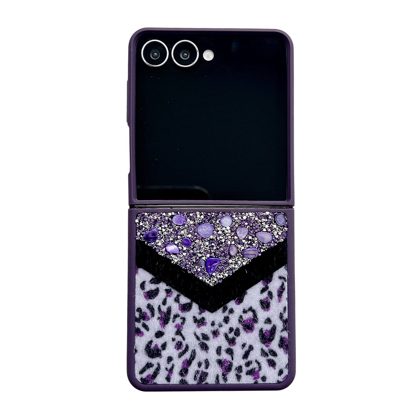 Left. Dteck - Shockproof Phone Case for Samsung Galaxy Z Flip7 with Beaded Wrist Strap, Glitter Rhinestone Hard PC Protective Cover - Purple.