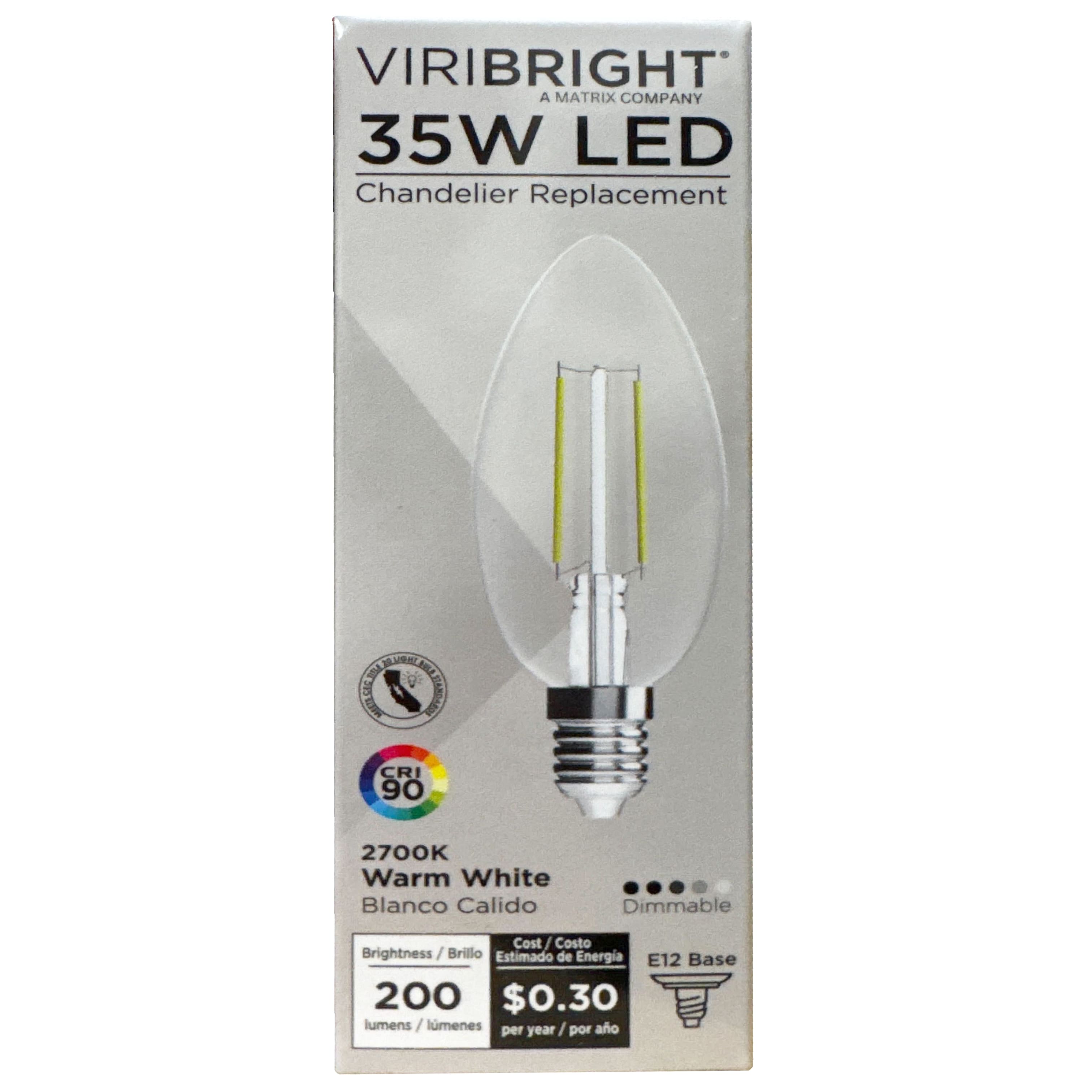 VIRIBRIGHT - B11 LED Candelabra Bulb, E12, Filament, Dimmable, CEC, 90+ CRI Warm White 2700K (4 Pack) price history on PriceWatchPro