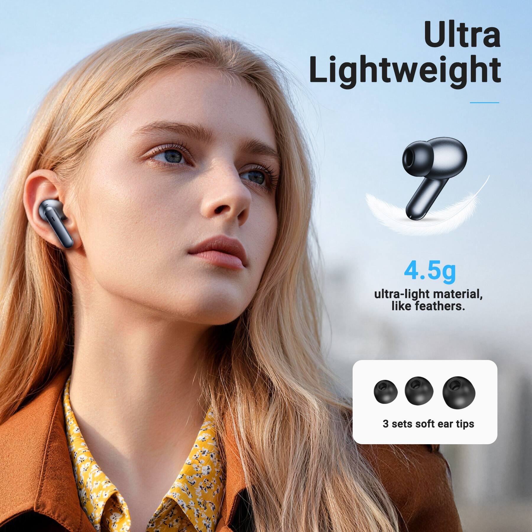 Ultra Lightweight

4.5g ultra-light material, like feathers.

3 sets soft ear tips