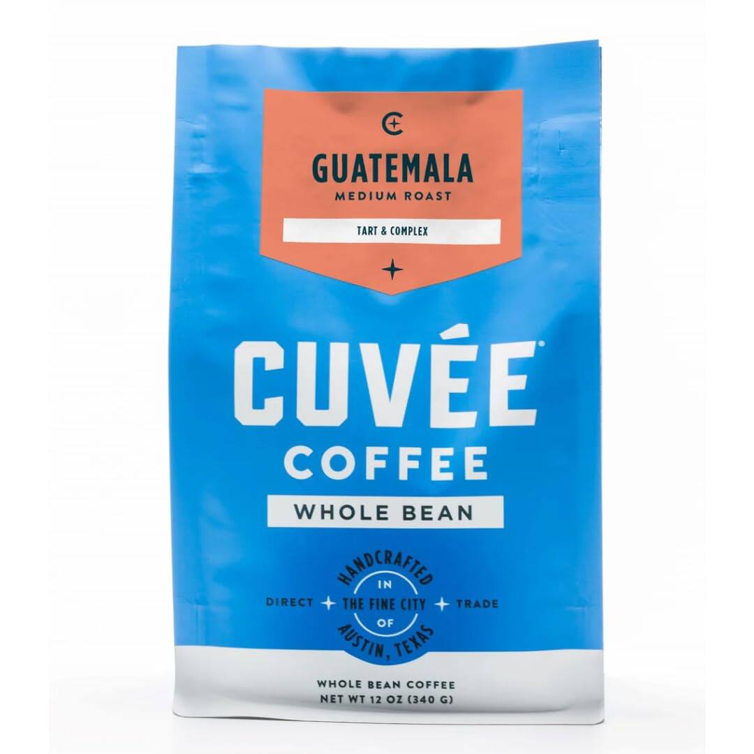 GUATEMALA  
MEDIUM ROAST  
TART & COMPLEX  

CUVÉE  
COFFEE  
WHOLE BEAN  

HANDCRAFTED IN  
THE FINE CITY OF  
AUSTIN, TEXAS  

DIRECT + TRADE  

WHOLE BEAN COFFEE  
NET WT 12 OZ (340 G)