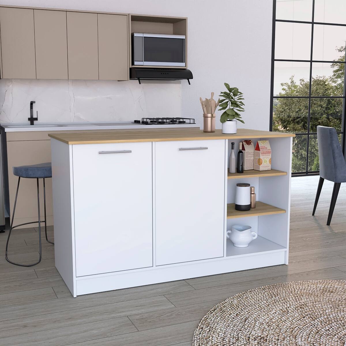Front. Loheer - Loheer Modern Stationary Kitchen Island with Two Cabinets - Multi.