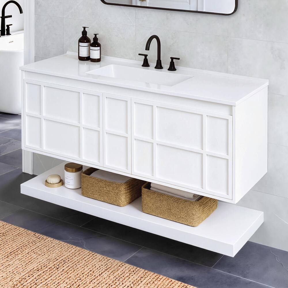 Left. Loheer - Loheer 48 inch wall mounted bathroom vanity White Floating MDF Cabinet with Composite Sink - White.
