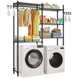VEVOR - Over Washer and Dryer Storage Shelves,5 Tiers Laundry Room Drying Rack,Hanger Rod and Hooks, Two Rows Adjustable Shelves - Black