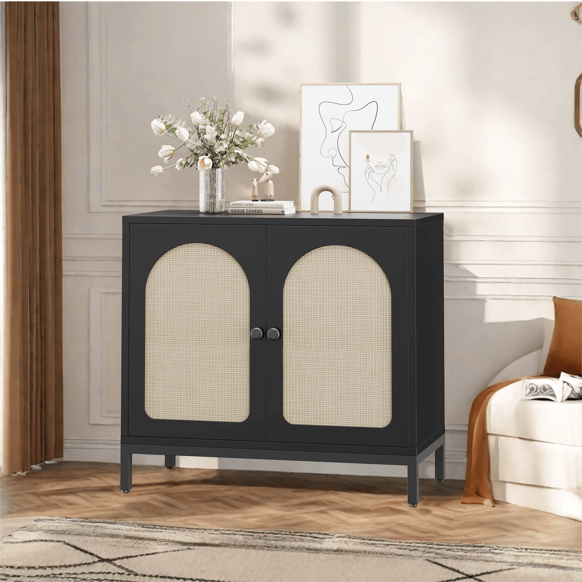 Alt View 1. GARVEE - Black Buffet Cabinet with Storage, Rattan Accent 2-Door Sideboard with Adjustable Shelves, Contemporary Storage - Black.