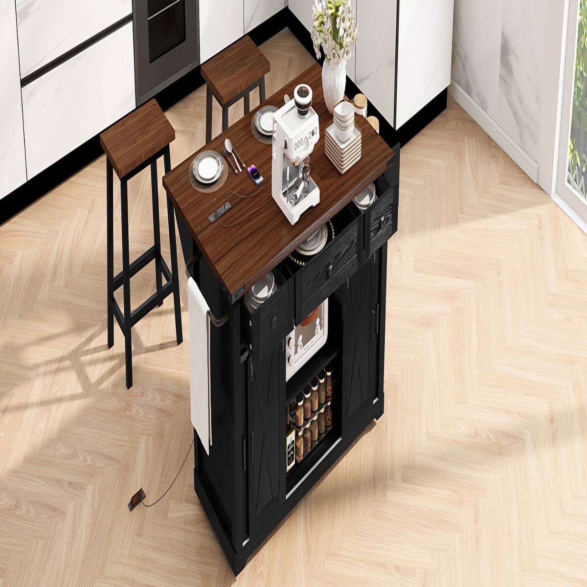 Back. Loheer - Loheer Farmhouse Kitchen Island with Drop Leaf and Sliding Barn Door, Rolling Kitchen Cart with Power Outlet, Black - Black.