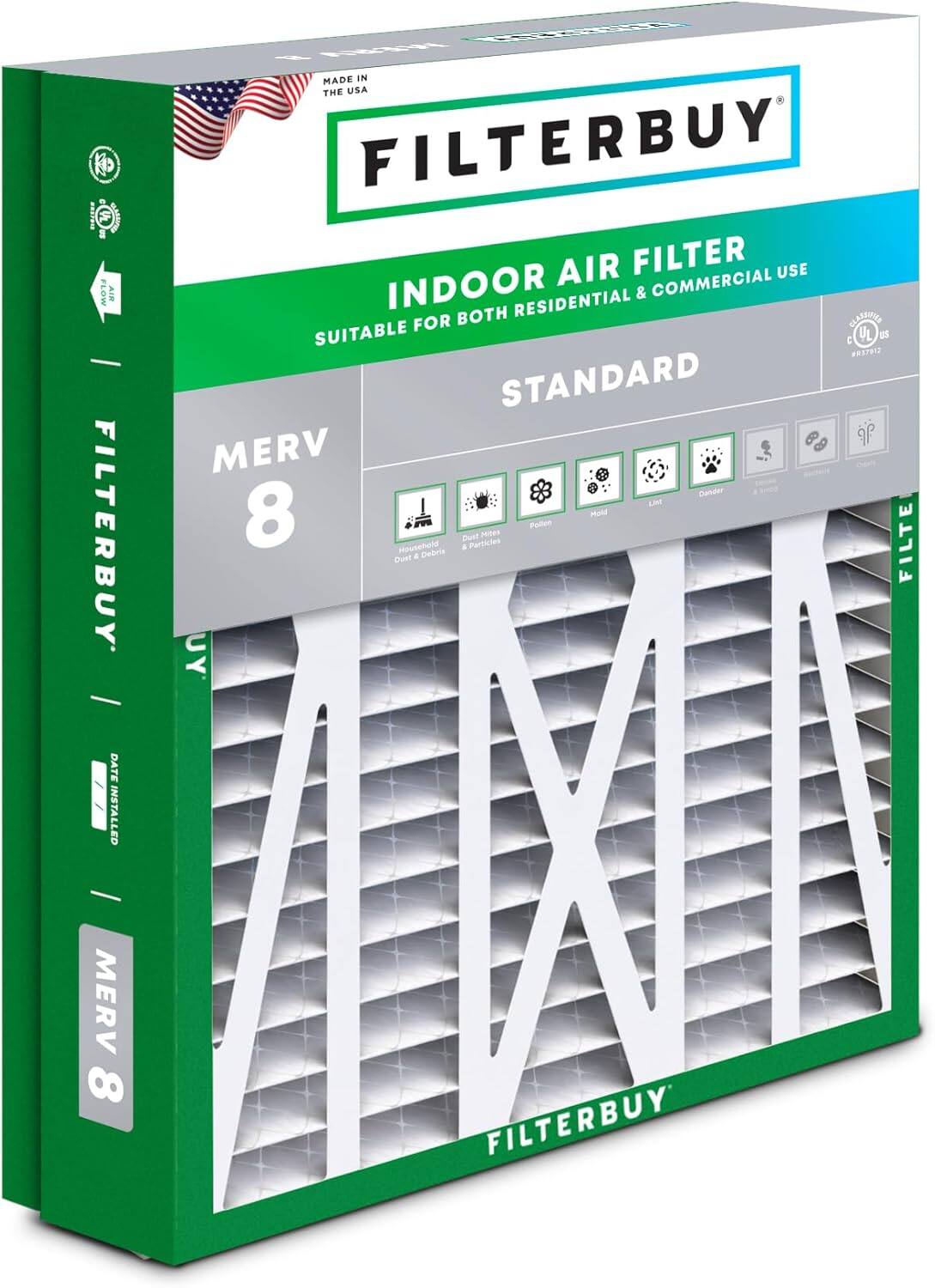 adidas T AIR FILTERBUY  
DATE INSTALLED  
MADE IN THE USA  
FILTERBUY AIR FILTER USE INDOOR & COMMERCIAL BOTH RESIDENTIAL FOR COARENED SUITABLE  
UL #379I STANDARD MERV Dander LI  
8 Monr Pottcn Dust ptes Hounchald a Prticies  
FILTERBUY  
MERV 8