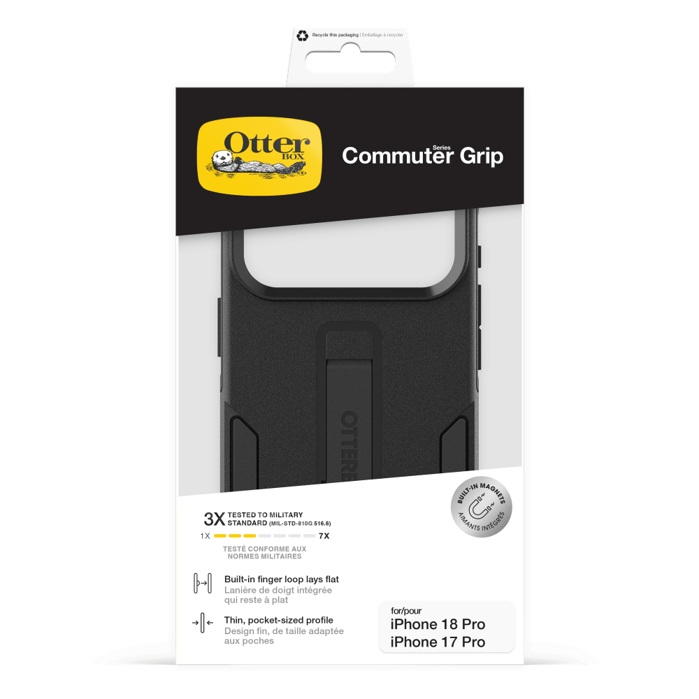 Recycle the packaging  
Emballage - recyclable  

Otter Series BOX Commuter Grip  

OTTERE TESTED TO MILITARY 3X STANDARD (MIL-STD-810G 515.6) 1X 7X TEST CONFORME AUX NORMES MILITAIRES  

Built-in finger loop lays flat  
Lanière de doigt intégrée qui reste plat  

Thin, pocket-sized profile  
Design fin, de taille adaptée aux poches  

BUILT-IN MAGNETS  
AIMANTS INTÉGRÉS  

for/pour iPhone 18 Pro iPhone 17 Pro