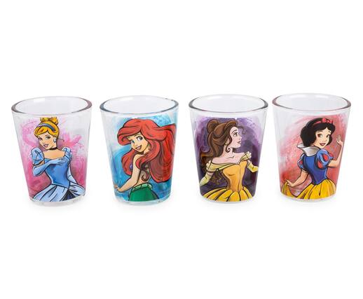 Front. Silver Buffalo - Disney Princess Portraits 2-Ounce Mini Shot Glasses | Set of 4 - Yellow.