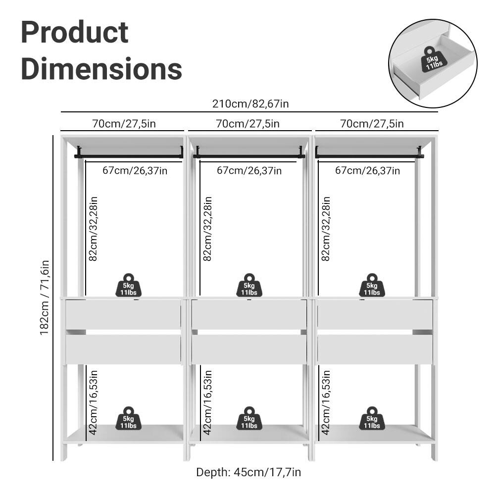 Product Dimensions

- Width: 210cm / 82.67in
- Height: 70cm / 27.5in
- Shelf Height: 67cm / 26.37in
- Shelf Depth: 82cm / 32.28in
- Bottom Shelf Height: 42cm / 16.53in
- Depth: 45cm / 17.7in

Load Capacity:
- 5kg / 11lbs per shelf