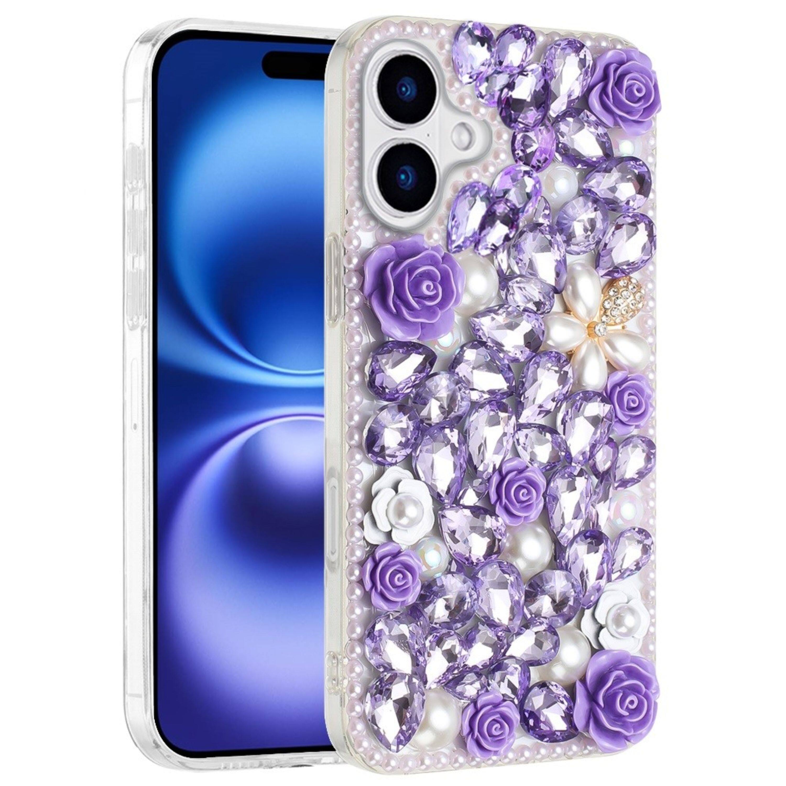 Left. Kitcheniva - Full Jewel with 3D Roses Bling Phone Cover Plus Tempered Glass For iPhone 17 Purple - Purple.