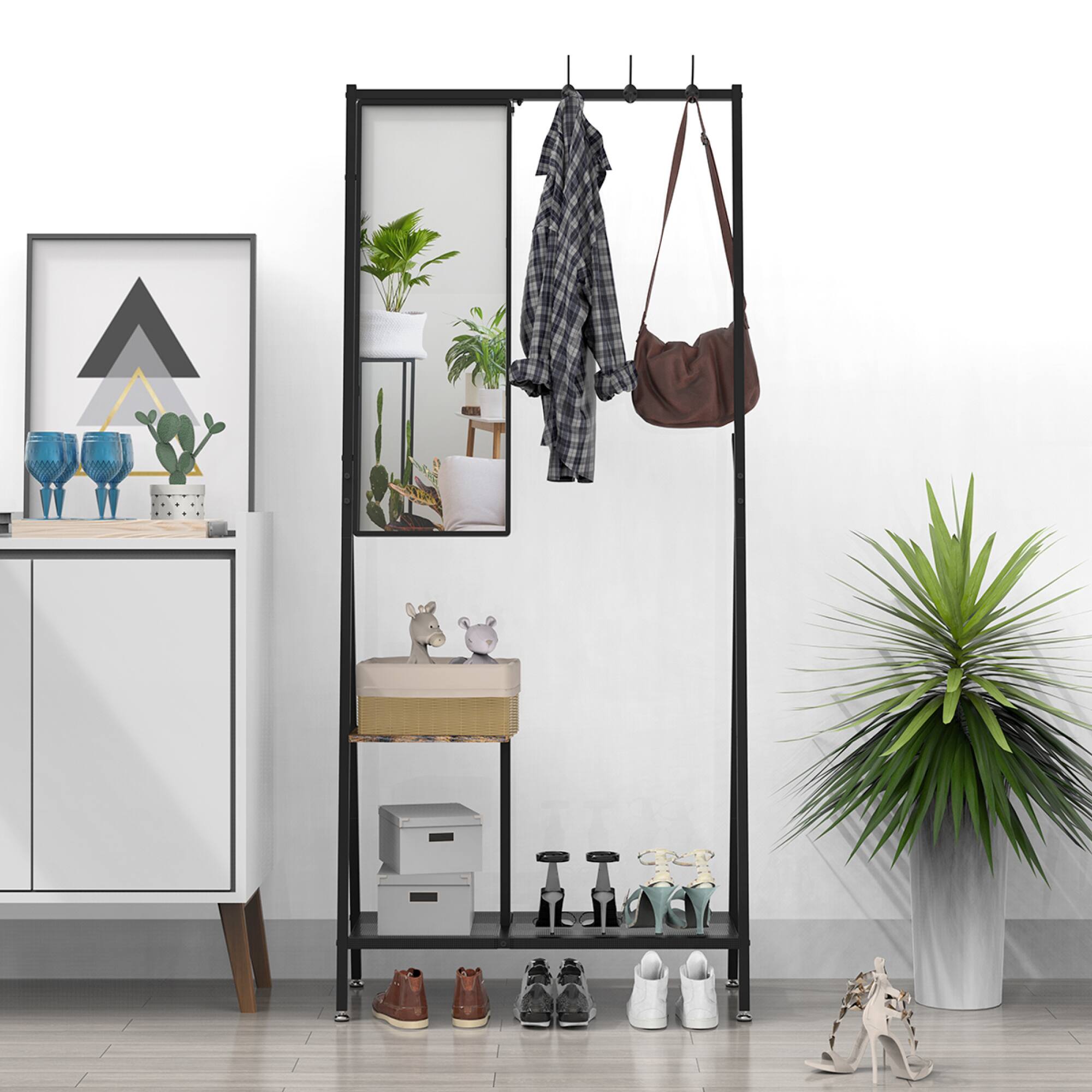 Alt View 2. GOODSILO - Multifunctional Wall-Mounted Coat Rack with Integrated Mirror and Shoe Storage for Entryway Organization - Black+Brown.