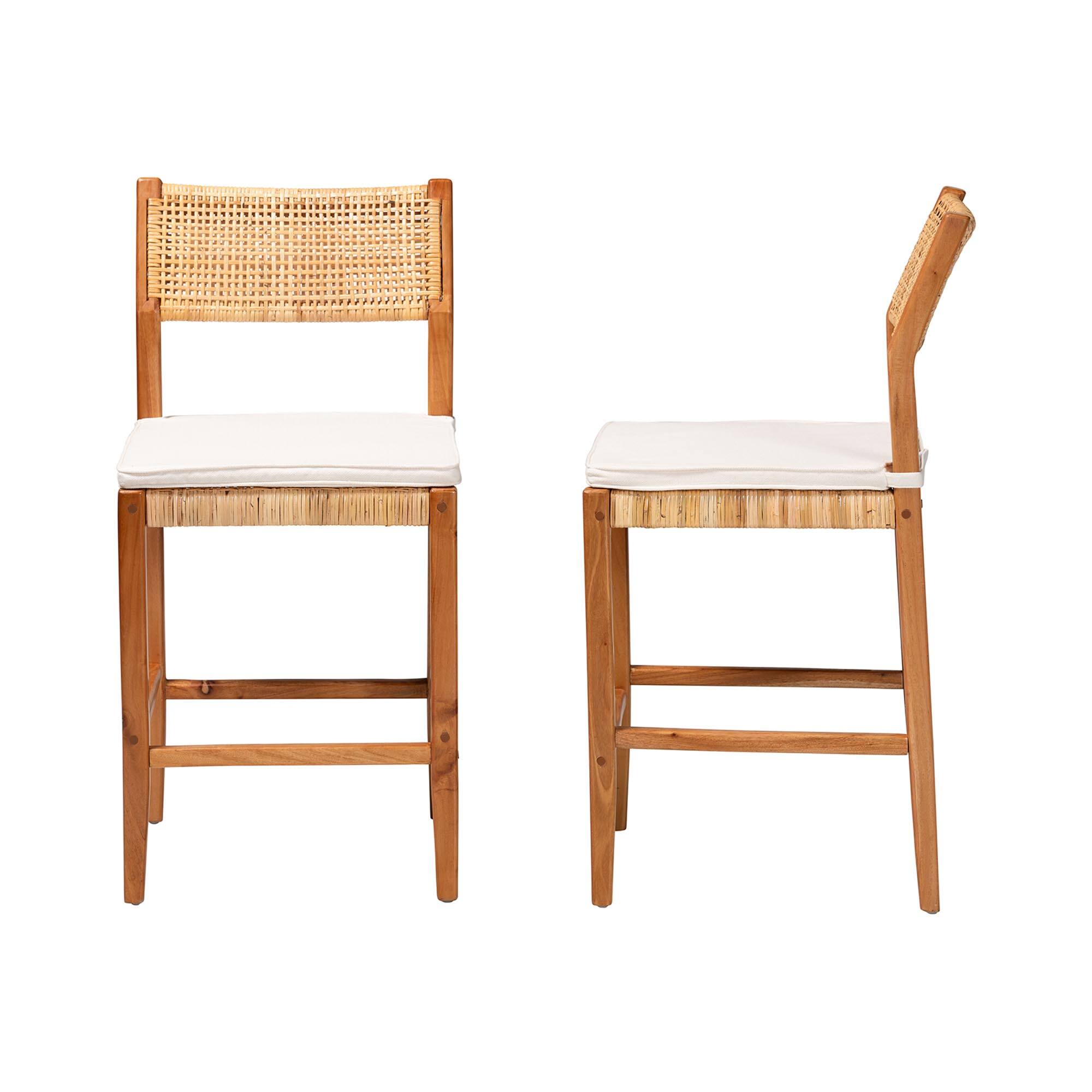 Left. bali & pari - Chatura Natural Rattan and Mahogany Wood 2-Piece Counter Stool Set – Handwoven Wicker Stool with Angled Back - Light Honey/Honey.