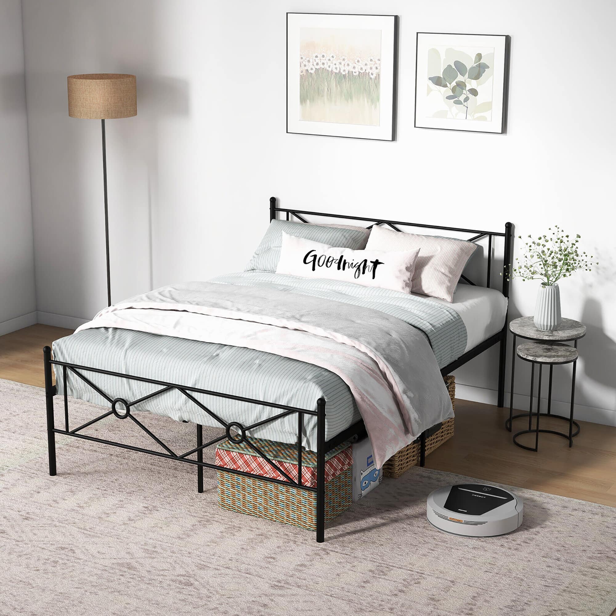 Gymax - Queen Size Metal Platform Bed Frame w/ Headboard Mattress Foundation - Black