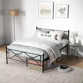 Gymax - Queen Size Metal Platform Bed Frame w/ Headboard Mattress Foundation - Black
