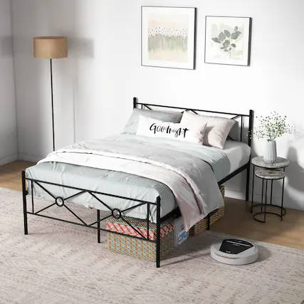 Front. Gymax - Gymax Queen Size Metal Platform Bed Frame w/ Headboard Mattress Foundation Black - Black.