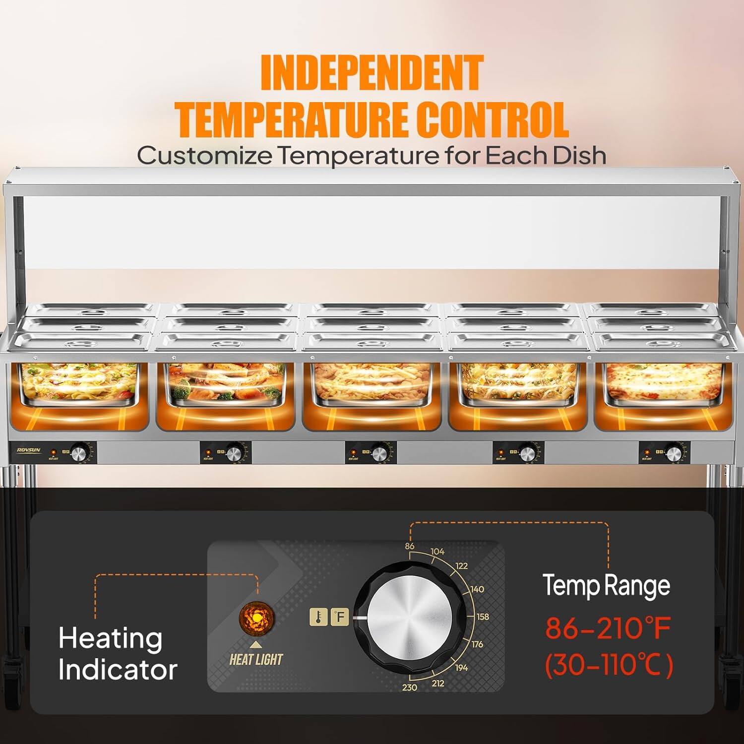 INDEPENDENT TEMPERATURE CONTROL  
Customize Temperature for Each Dish  

HEATING INDICATOR  
HEAT LIGHT  

Temp Range: 86-210°F (30-110°C)