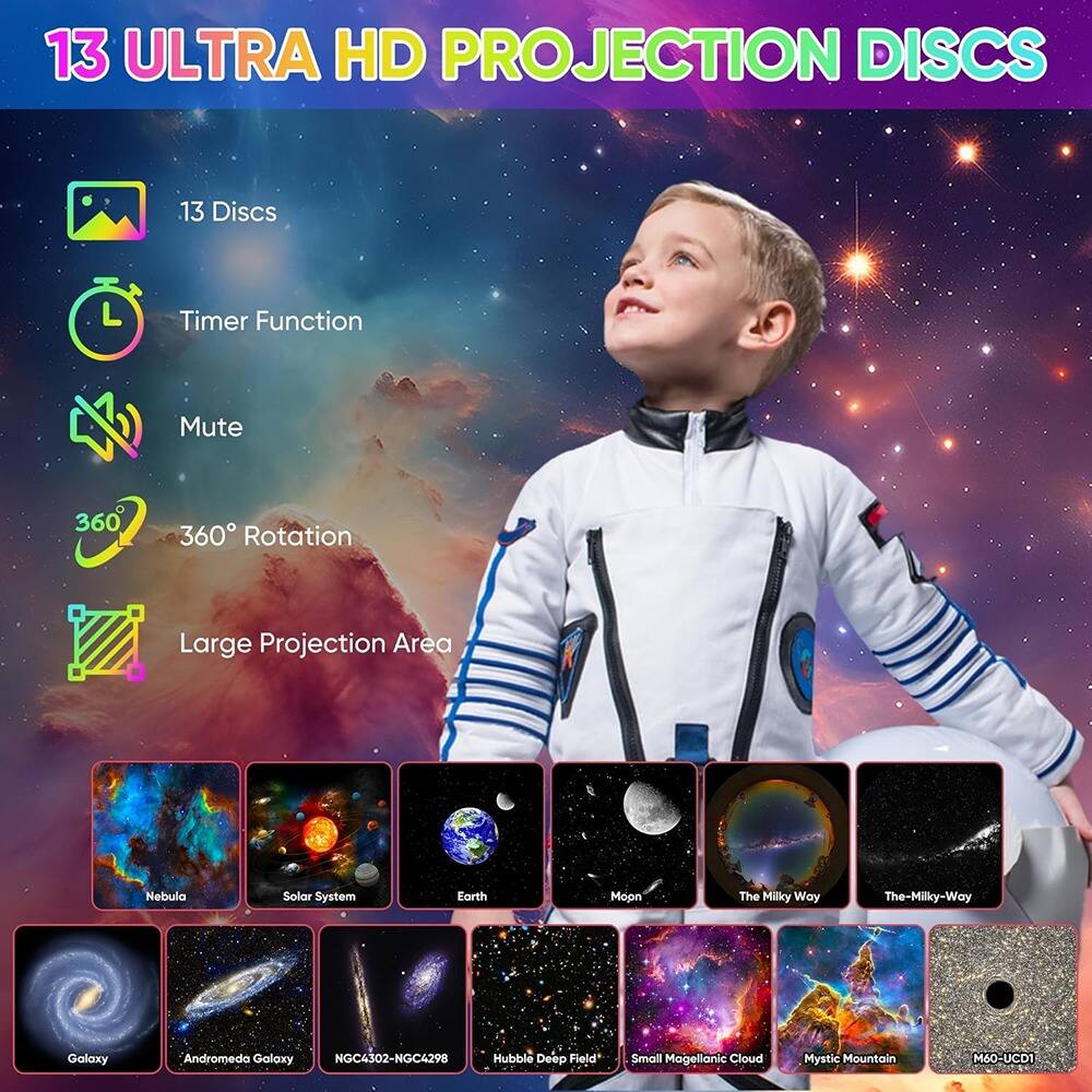 13 ULTRA HD PROJECTION DISCS

- 13 Discs
- Timer Function
- Mute
- 360° Rotation
- Large Projection Area

Nebula  
Solar System  
Earth  
Moon  
The Milky Way  
The-Milky-Way  
Galaxy  
Andromeda Galaxy  
NGC4302-NGC4298  
Hubble Deep Field  
Small Magellanic Cloud  
Mystic Mountain  
M60-UCD1