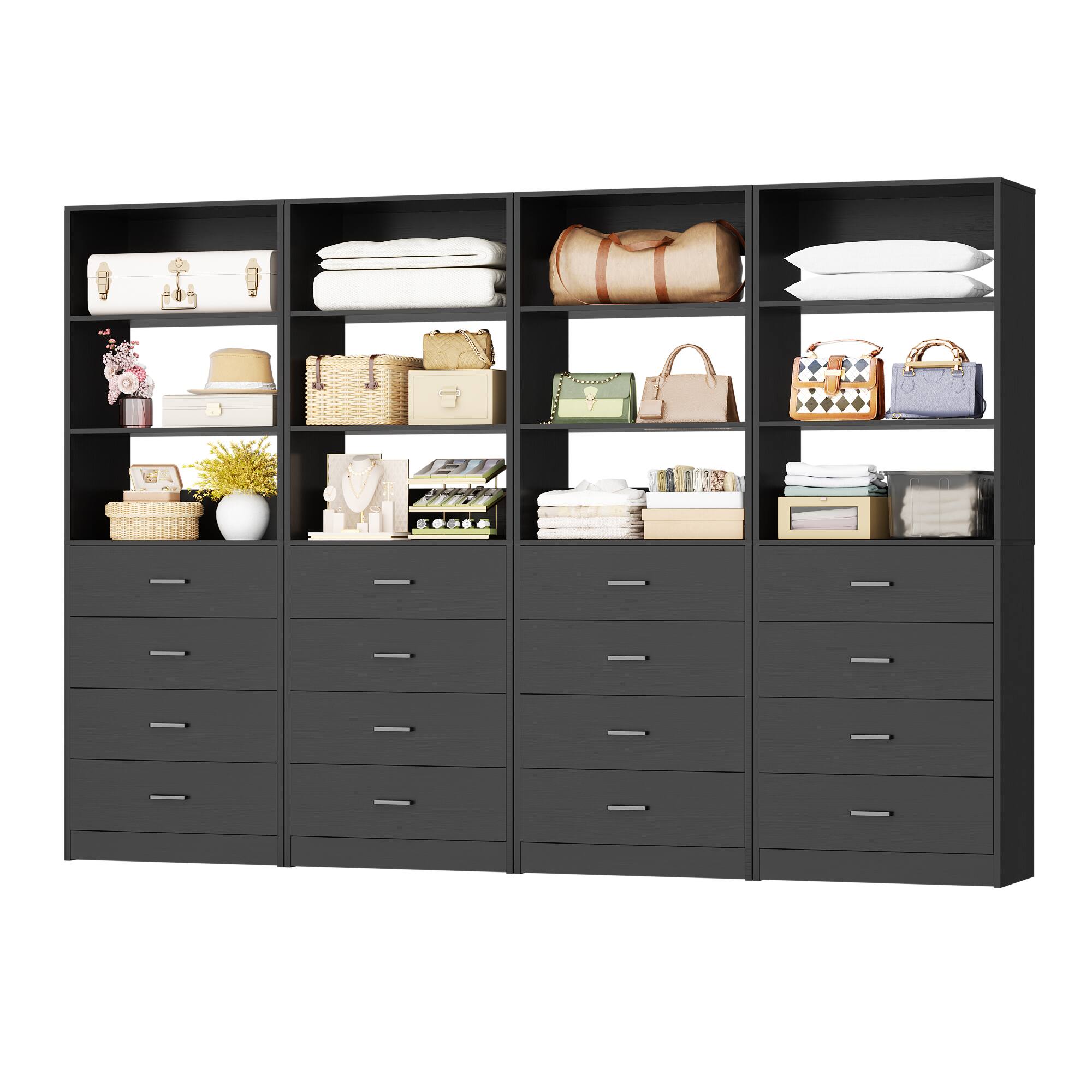 Angle. Aheaplus - 7.1FT Freestanding Closet Organizer System 4-Piece Set, with 12 Wooden Drawers and 8 Shelves, Easy Assembly - Black.