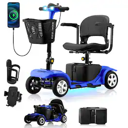 Hover Heart - Electric Mobility Scooter for Adults & Seniors, 4 Wheel Travel Scooter with Seat, LED Light, Includes Phone & Cup Holder - Blue