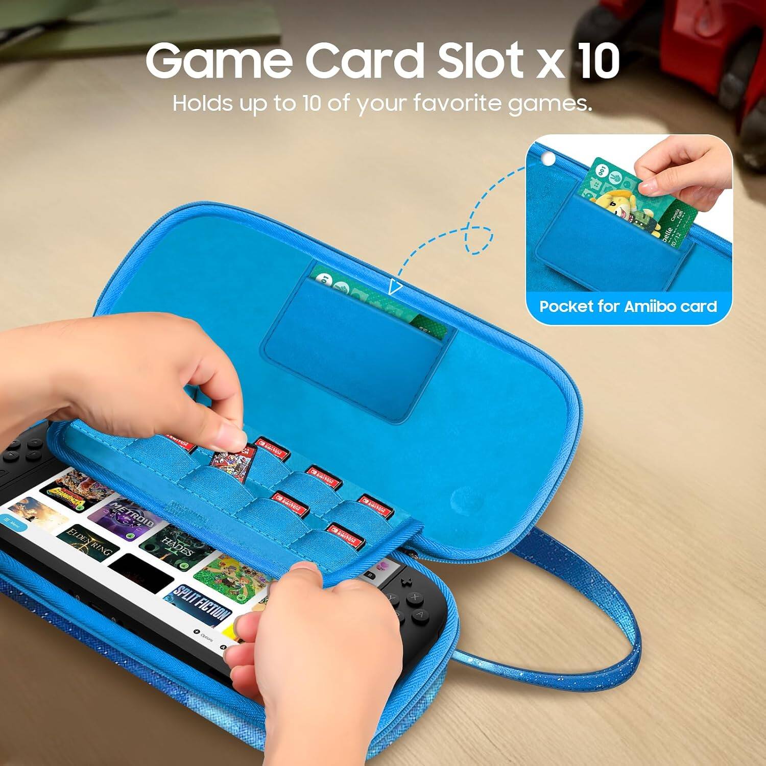 Game Card Slot x 10  
Holds up to 10 of your favorite games.  
Pocket for Amiibo card  

belle  
LANITION BAINANZA METROID EL DEDENRING RING HADES SPLIT FICTION  
PRIVE - CARRIES OF ELIVEA