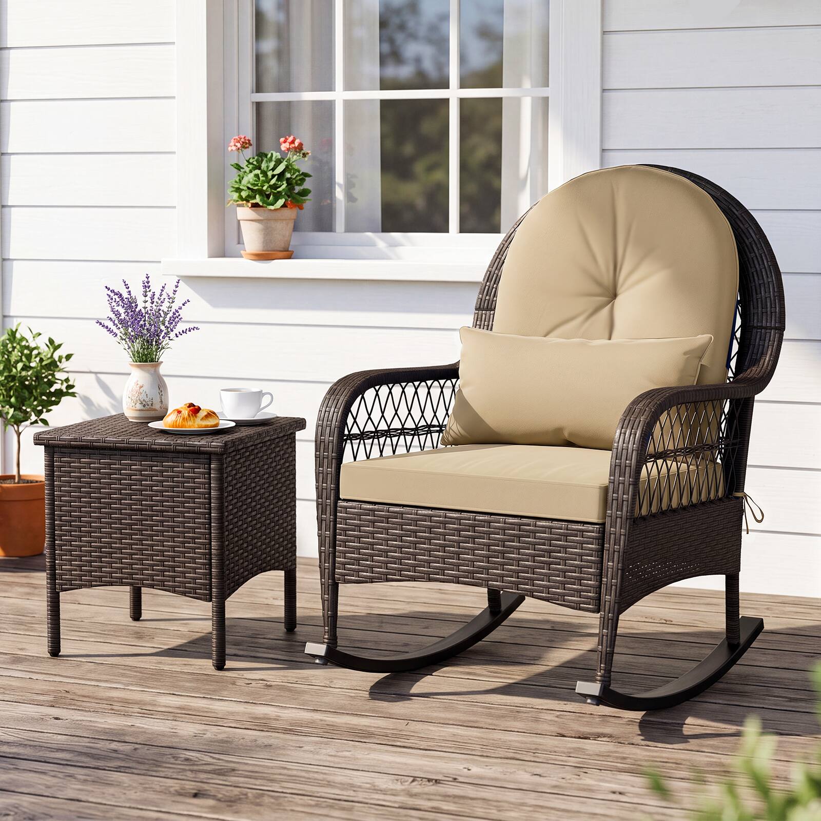 Alt View 4. Costway - Costway Outdoor Wicker Rocking Chair with Waist Pillow & Soft Removable Cushions for Garden - Mix Brown + Beige.