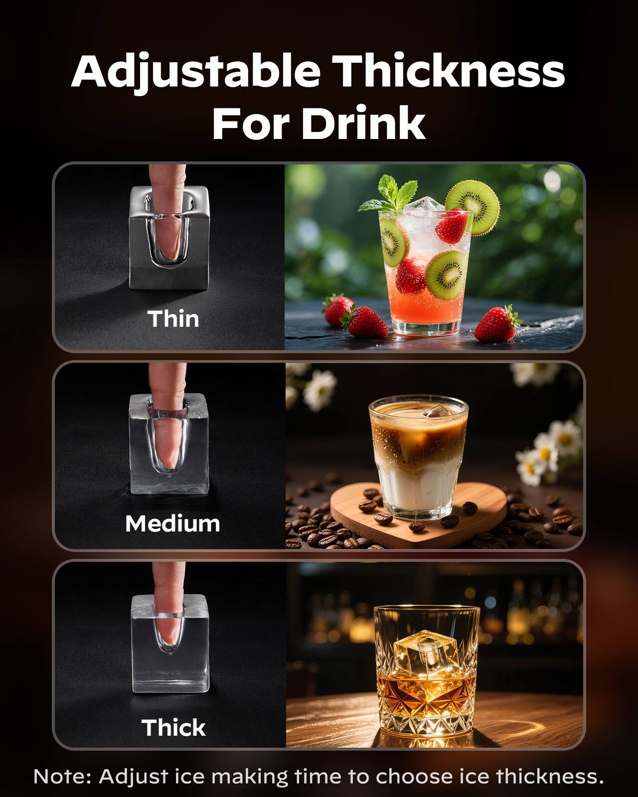 Adjustable Thickness For Drink

Thin  
Medium  
Thick  

Note: Adjust ice making time to choose ice thickness.