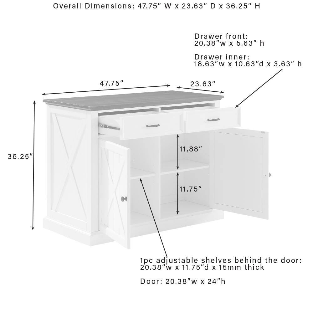 Overall Dimensions: 47.75" W x 23.63" D x 36.25" H  
Drawer front: 20.38"w x 5.63" h  
Drawer inner: 18.63"w x 10.63"d x 3.63" h  
1pc adjustable shelves behind the door: 20.38"w x 11.75"d x 15mm thick  
Door: 20.38"w x 24"h