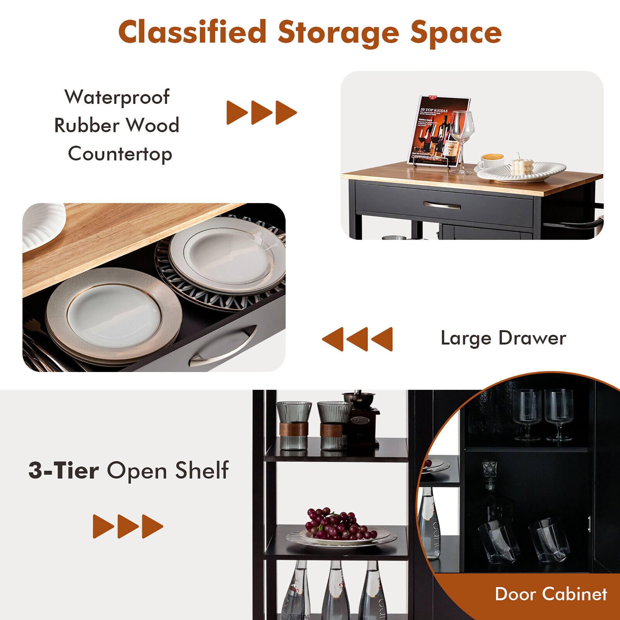 Classified Storage Space

- Waterproof Rubber Wood Countertop
- Large Drawer
- 3-Tier Open Shelf
- Door Cabinet