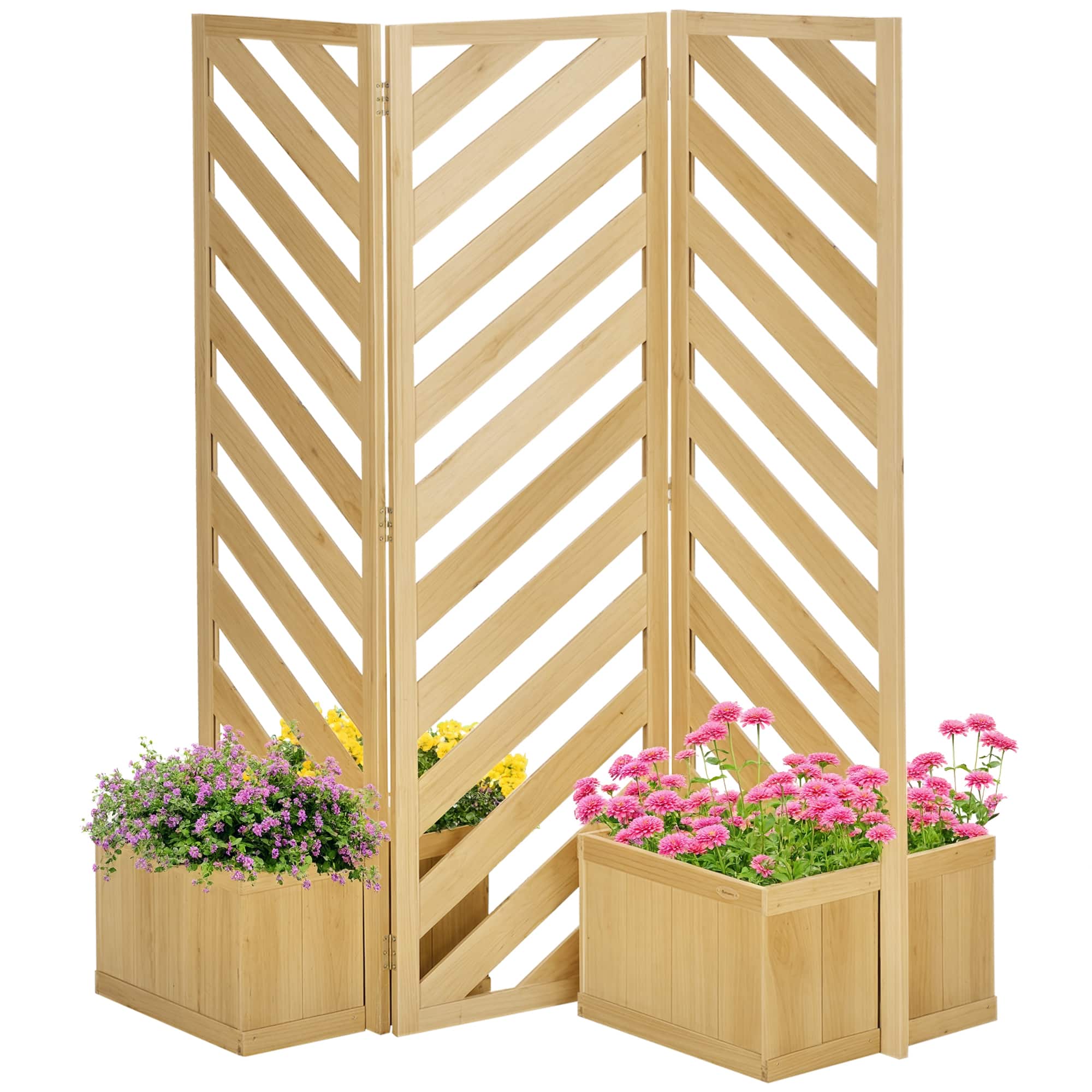 Outsunny - Decorative Outdoor Privacy Screen, Freestanding Divider/Separator with 4 Self-Draining Planters - Natural wood finish