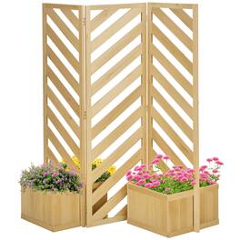 Outsunny - Decorative Outdoor Privacy Screen, Freestanding Divider/Separator with 4 Self-Draining Planters - Natural wood finish