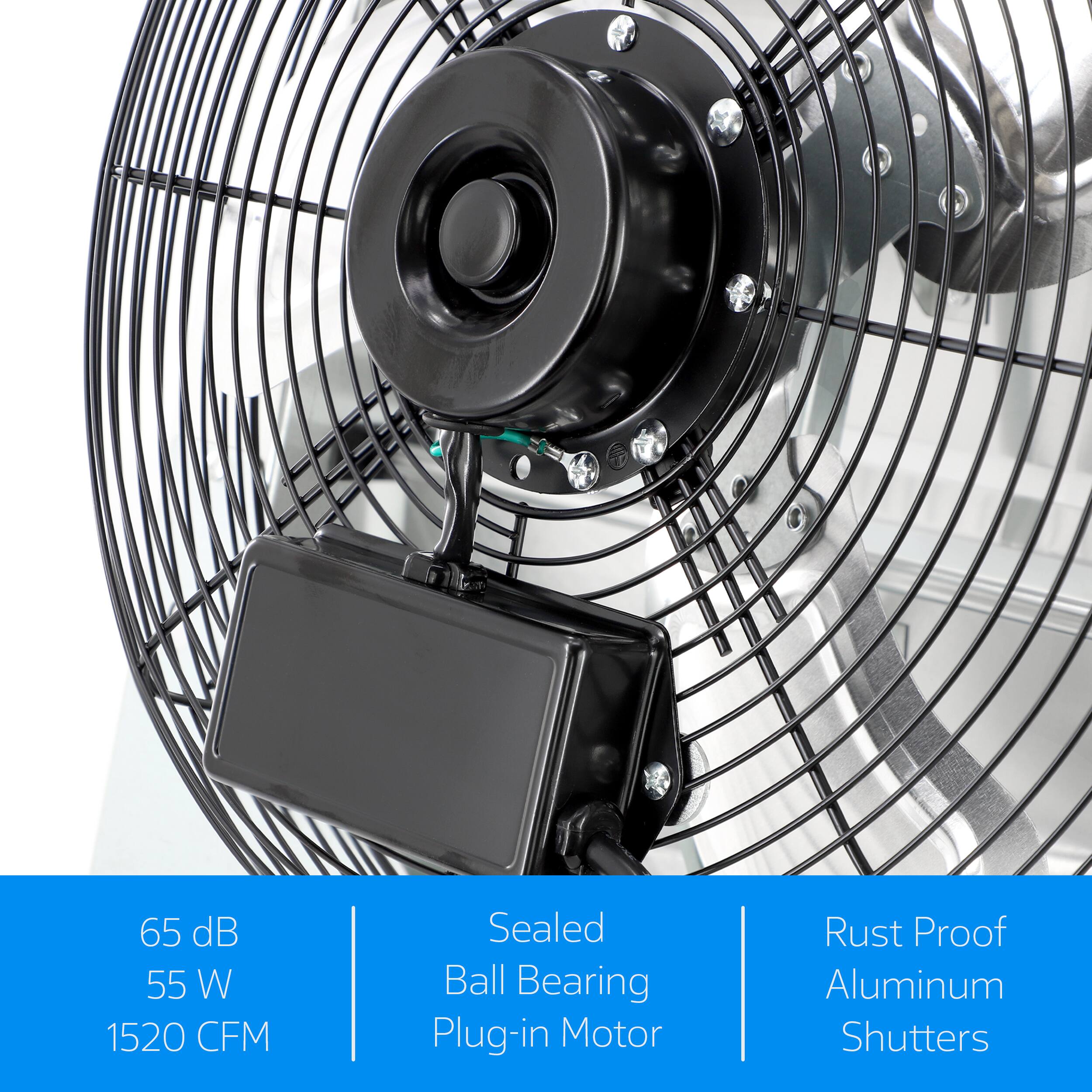65 dB, 55 W, 1520 CFM, Sealed Ball Bearing Plug-in Motor, Rust Proof Aluminum Shutters
