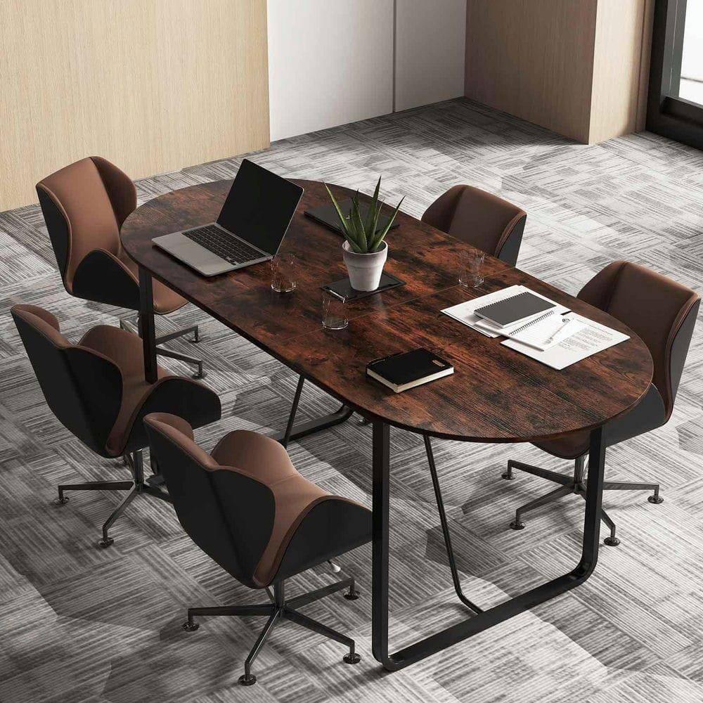 Back. Kadyn - 71-Inch Executive Oval Home Office Table - Cable Management Hole, Rustic Brown & Black - Brown.