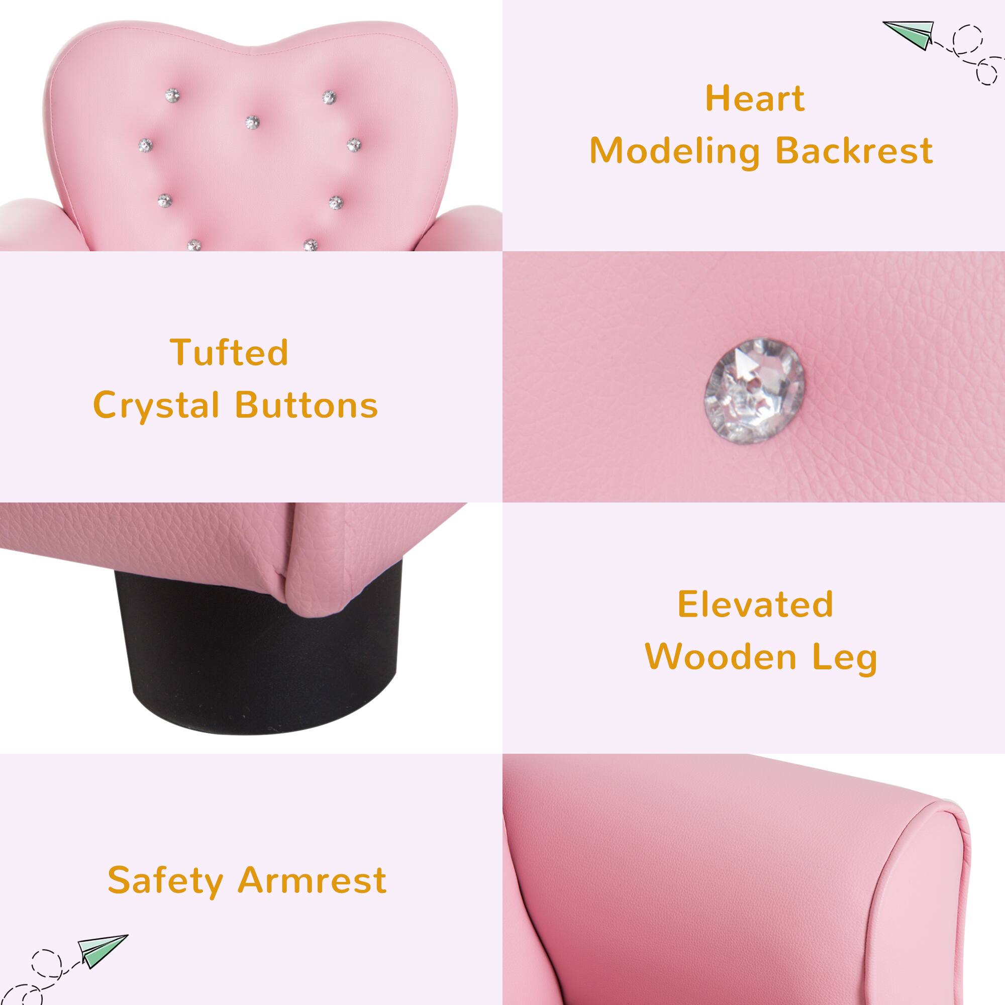 - Heart Modeling Backrest
- Tufted Crystal Buttons
- Elevated Wooden Leg
- Safety Armrest