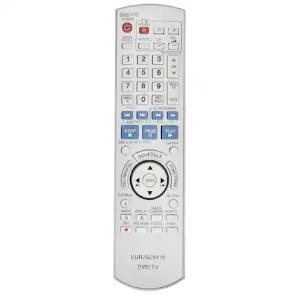 DVD/VHS
POWER
TV POWER
DRIVE SELECT
TVVIDEO
CH
VOL
1 2 3
4 5 6
7 8 9
0
ADD/CH
INPUT SELECT
DELETE
SLOW/SEARCH
REW FF
STOP PAUSE PLAY
TIME SLIP/JET REW CM SKIP
SCHEDULE
DIRECT NAVIGATOR
ENTER FUNCTIONS
SUB MENU RETURN
AUDIO DISPLAY
A B
REC REC MODE STATUS
F Rec
EUR7659Y70
DVD/TV