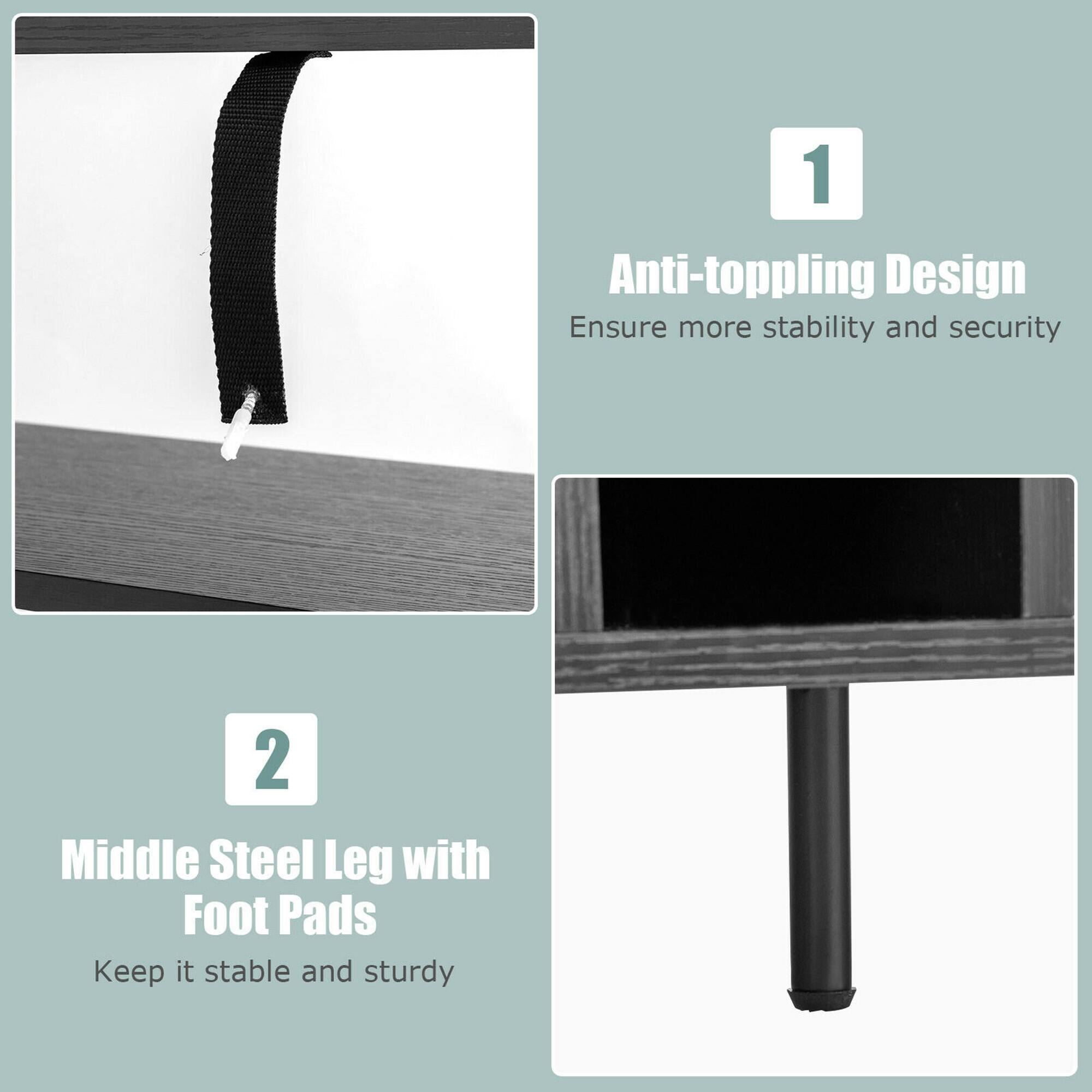 1. Anti-toppling Design  
   Ensure more stability and security

2. Middle Steel Leg with Foot Pads  
   Keep it stable and sturdy