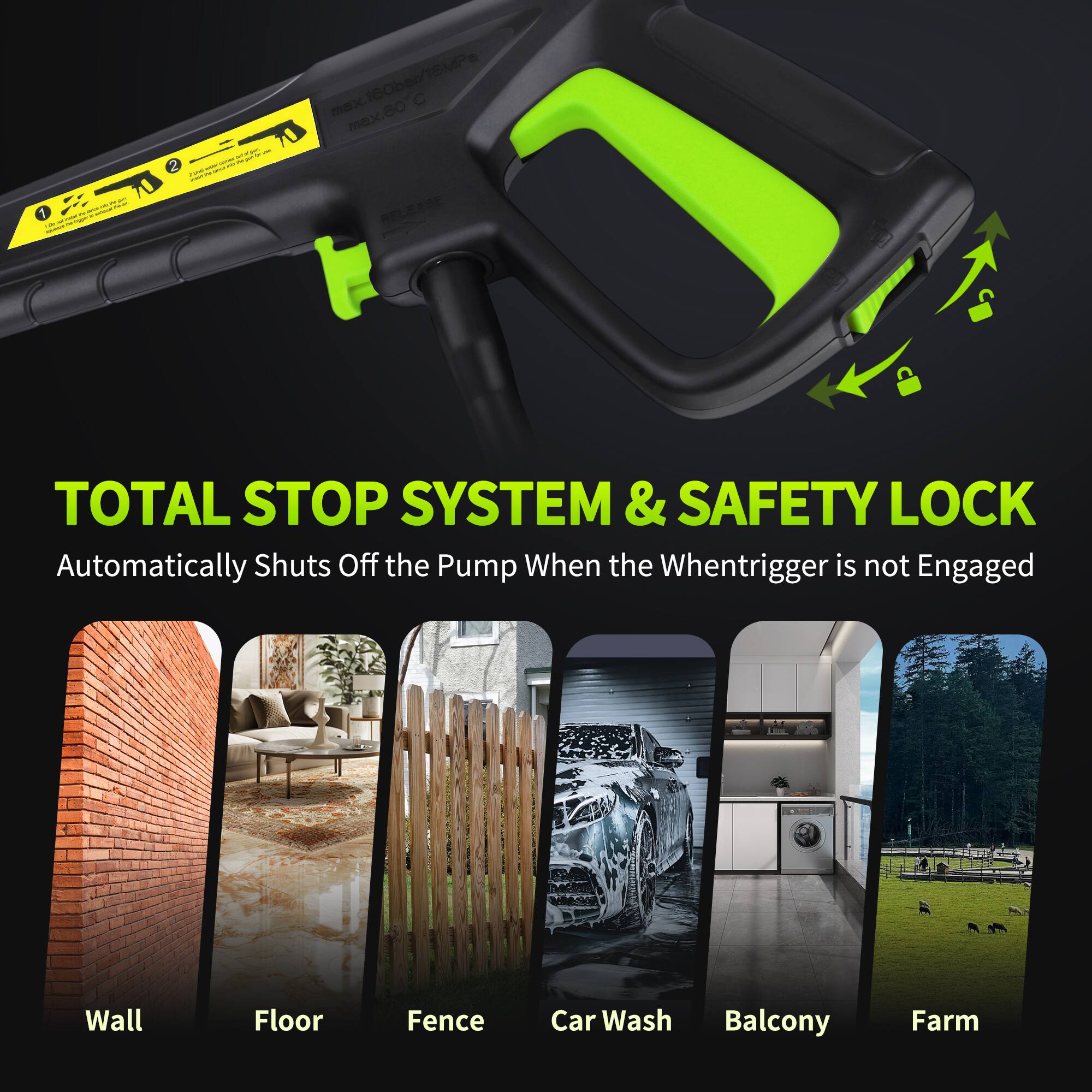 1. T i - 2 : : - 1 - max.160ber/1SMPe max.80 RELEARE
2. TOTAL STOP SYSTEM & SAFETY LOCK
3. Automatically Shuts Off the Pump When the Whentrigger is not Engaged
4. Wall
5. Floor
6. Fence
7. Car Wash
8. Balcony
9. Farm