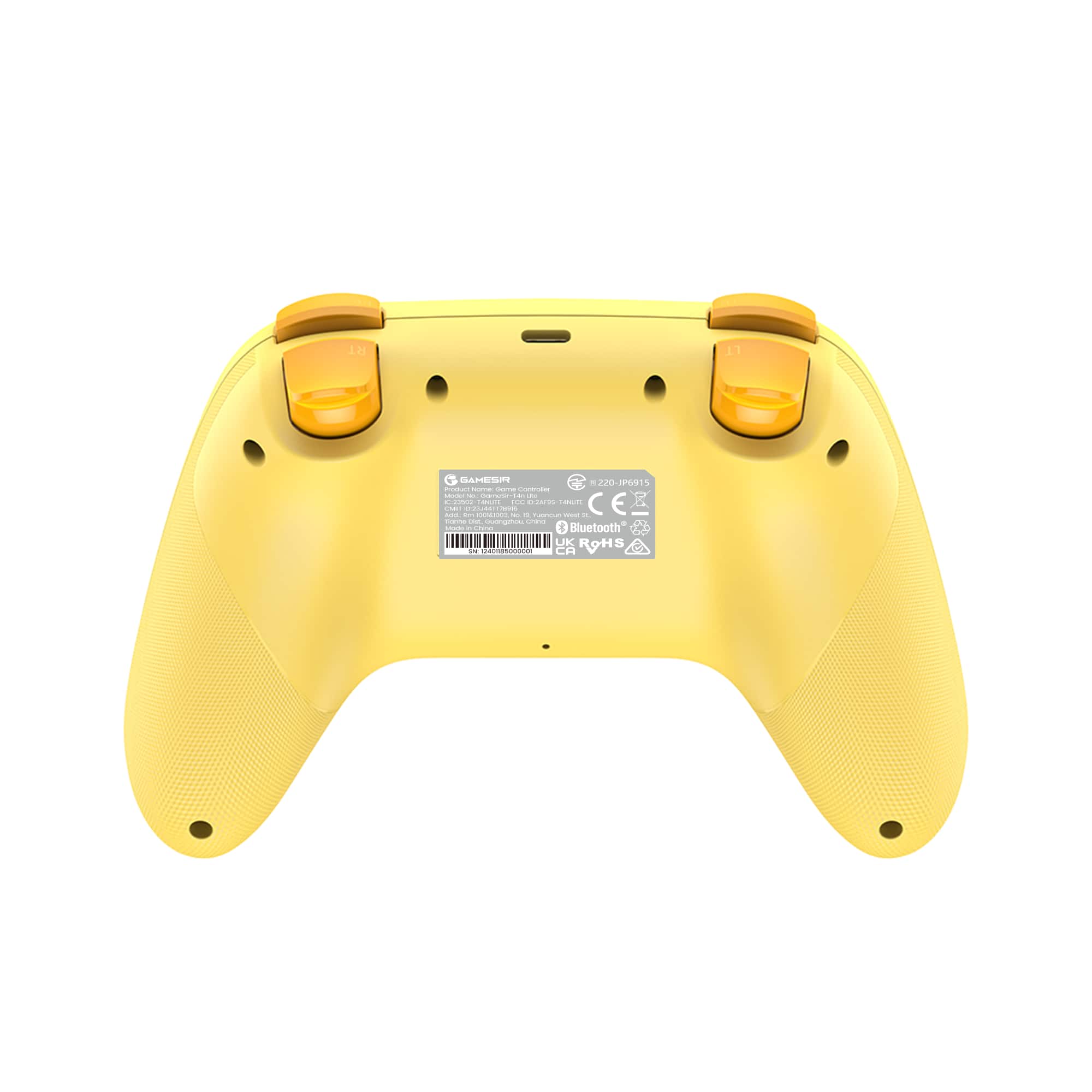 The text on the image reads: "RT 11 GAHESIA 220 2 5 - : : : - : - - - | A. - - C CE E - - - - - - - - - - - - T - - - - : - - | I : & Bluetooth UK ROH - : adaans". This text appears to be a combination of various elements, such as product information, technical specifications, and marketing descriptions. It is likely that this text is meant to provide information about the yellow video game controller, including its features, compatibility, and other relevant details.