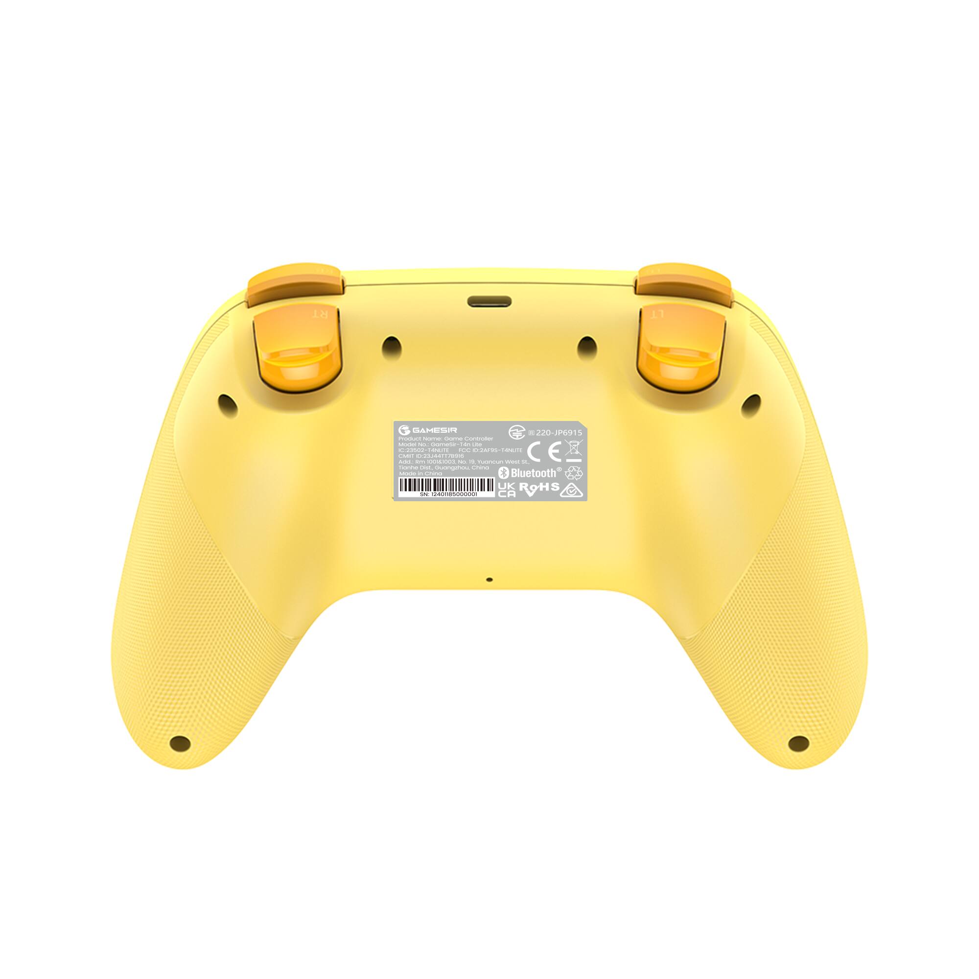 The text on the image reads: "RT 11 GAHESIA 220 2 5 - : : : - : - - - | A. - - C  CE E - - - - - - - - - - - - T - - -  -  : - - | I : & Bluetooth UK ROH - : adaans". This text appears to be a combination of various elements, such as product information, technical specifications, and marketing descriptions. It is likely that this text is meant to provide information about the yellow video game controller, including its features, compatibility, and other relevant details.