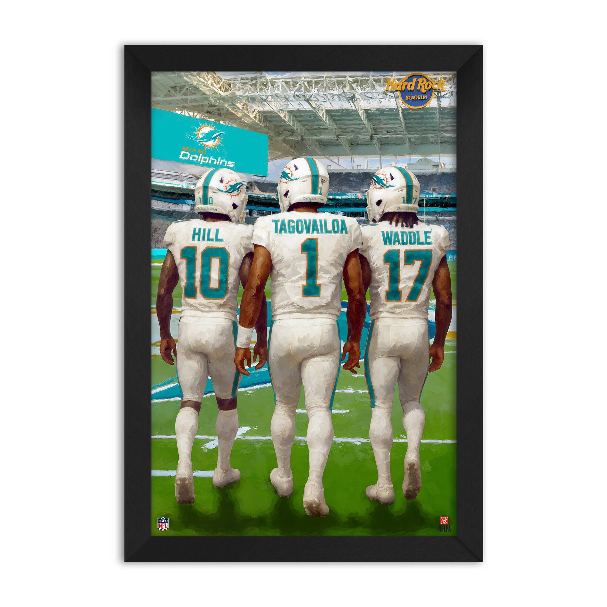 Tyreek Hill, Tua Tagovailoa & Jaylen Waddle Miami Dolphins Framed Three-Player Art Print