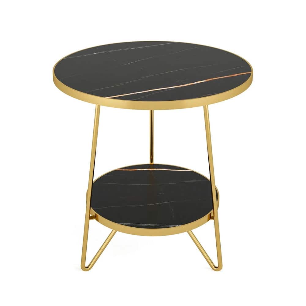 Kadyn - Sofa Side End Table, Faux Marble Couch Table, 2-Tier Round Bedside Table with Shelves, Gold - Black