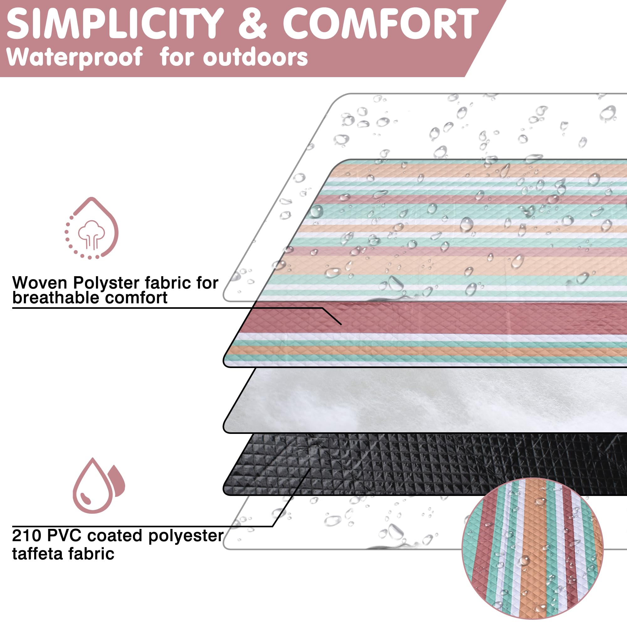 **SIMPLICITY & COMFORT**  
Waterproof for outdoors  

- Woven Polyester fabric for breathable comfort  
- 210 PVC coated polyester taffeta fabric