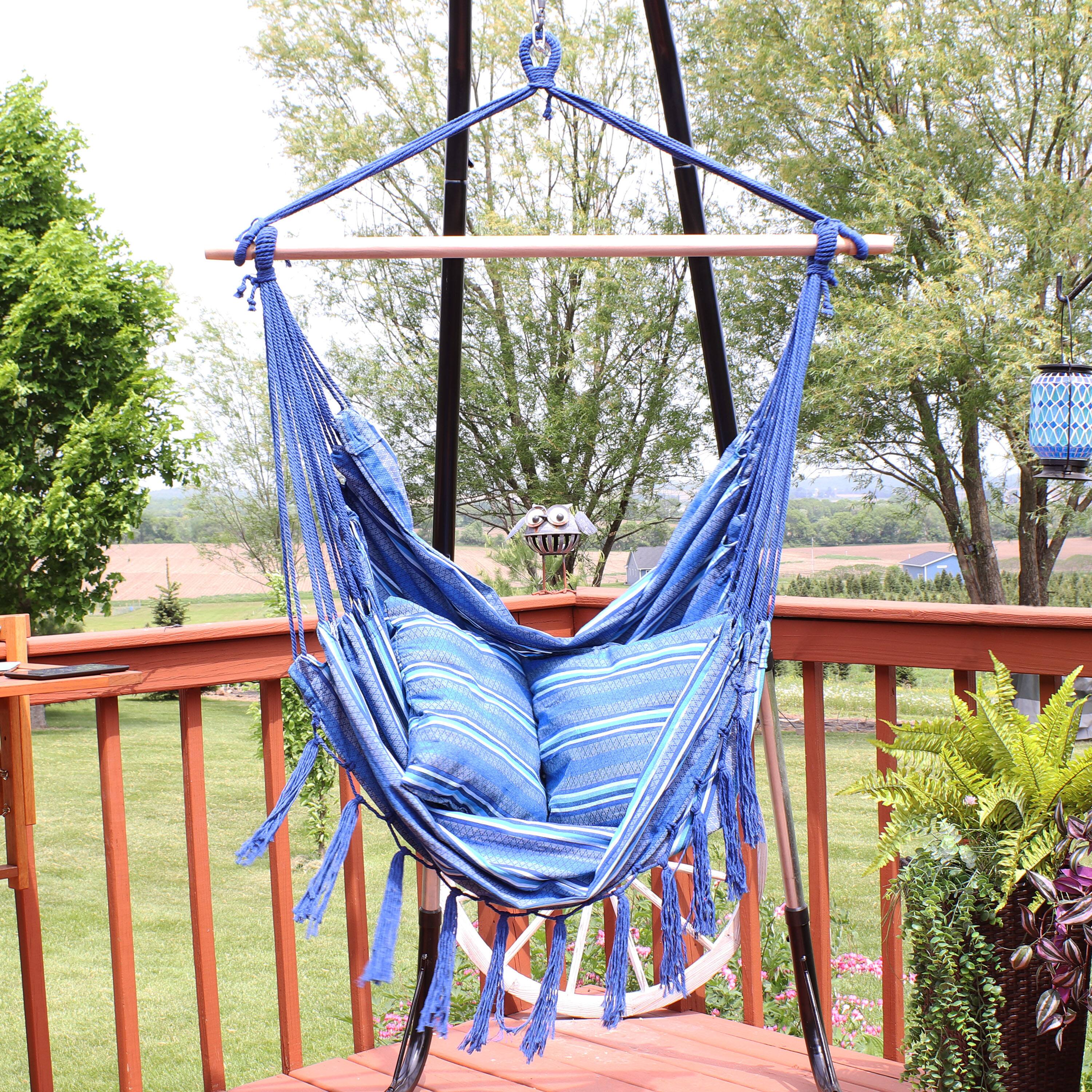 Alt View 3. Sunnydaze - Polyester Hammock Chair with Cushions and Fringe - Cornflower Stripes.