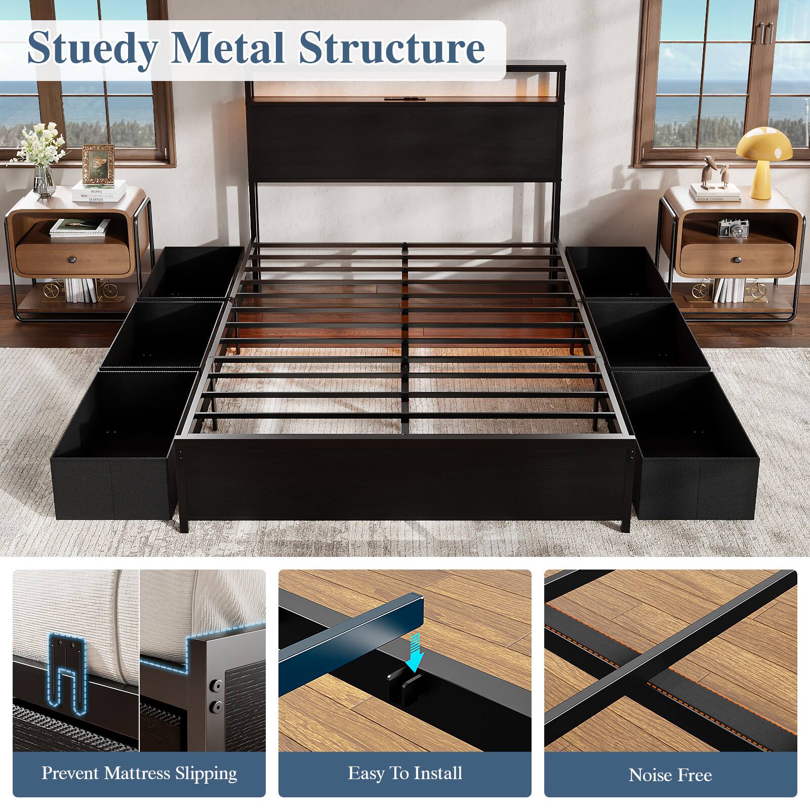 Sturdy Metal Structure: Prevent Mattress Slipping, Easy To Install, Noise Free