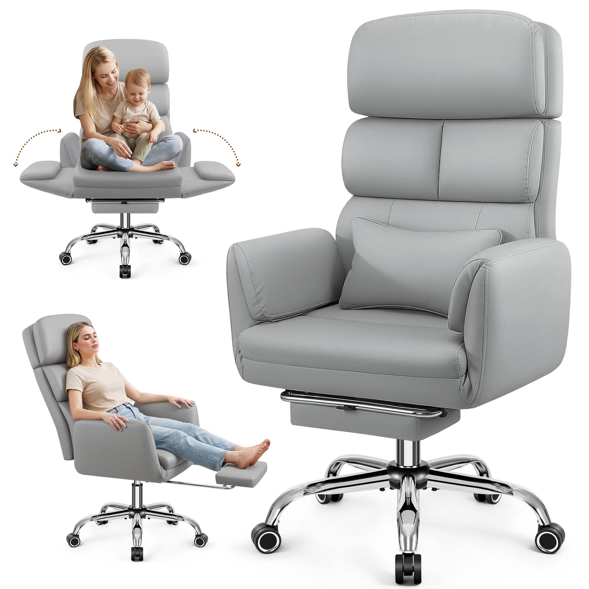 Alt View 5. KERDOM - Big Tall Office Chair with Reversible Arm, PU Leather Executive Manager Boss Chair with Lifting Headrest & Lumbar Pillow - Light Grey.