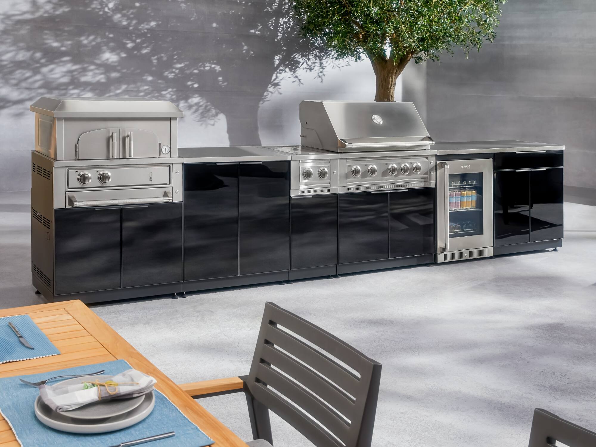 Angle. NewAge Products - Outdoor Kitchen Aluminum 5 Piece Cabinet Set With 3 Drawer, Bar, Grill Cabinet, Performance Grill and Countertop - Black.